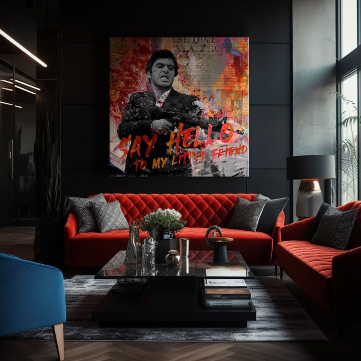 Pop art slika na platnu s motivom Say hello to my little friend, pejzaž u narandžasto-crvenih nijansama, filmski svet | Scarface slika na platnu Say hello to my little friend – proizvod, pogled 2