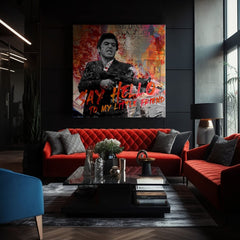 Pop art slika na platnu s motivom Say hello to my little friend, pejzaž u narandžasto-crvenih nijansama, filmski svet | Scarface slika na platnu Say hello to my little friend – proizvod, pogled 2