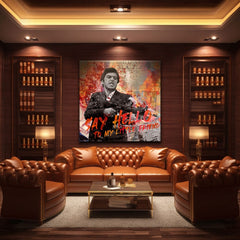 Pop art slika na platnu s motivom Say hello to my little friend, pejzaž u narandžasto-crvenih nijansama, filmski svet | Scarface slika na platnu Say hello to my little friend – proizvod