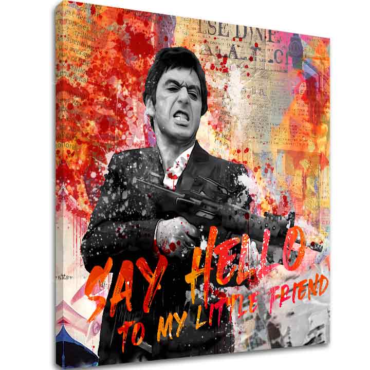 Pop art slika na platnu s motivom Say hello to my little friend, pejzaž u narandžasto-crvenih nijansama, filmski svet | Scarface slika na platnu Say hello to my little friend – glavna