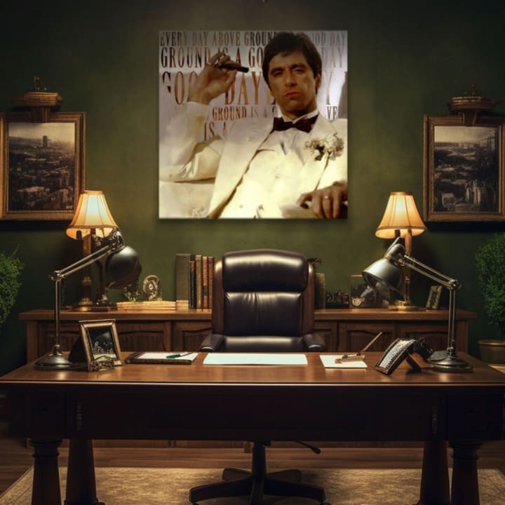 Pop art slika na platnu s motivom Every day above ground is i good day u belo-bežih nijansama, pogodan za dnevnog boravka | Scarface slika na platnu Every day above ground is i good day – pro..., pogled 2