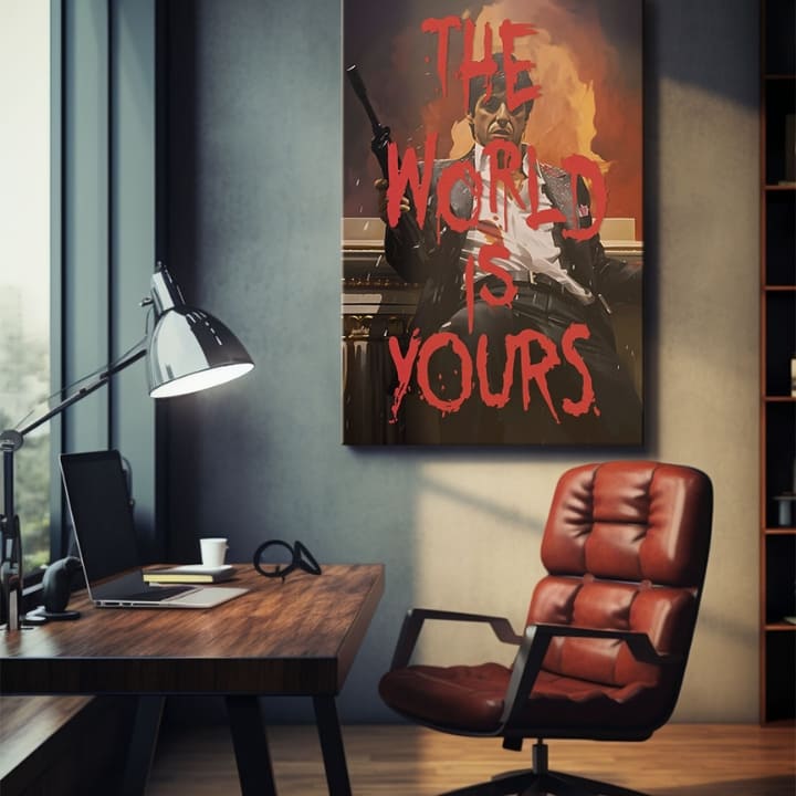 Pop art slika na platnu s motivom The world is yours u belo-narandžastih nijansama, intenzivna atmosfera, snaga i moć | Scarface slika na platnu The world is yours – proizvod, pogled 2