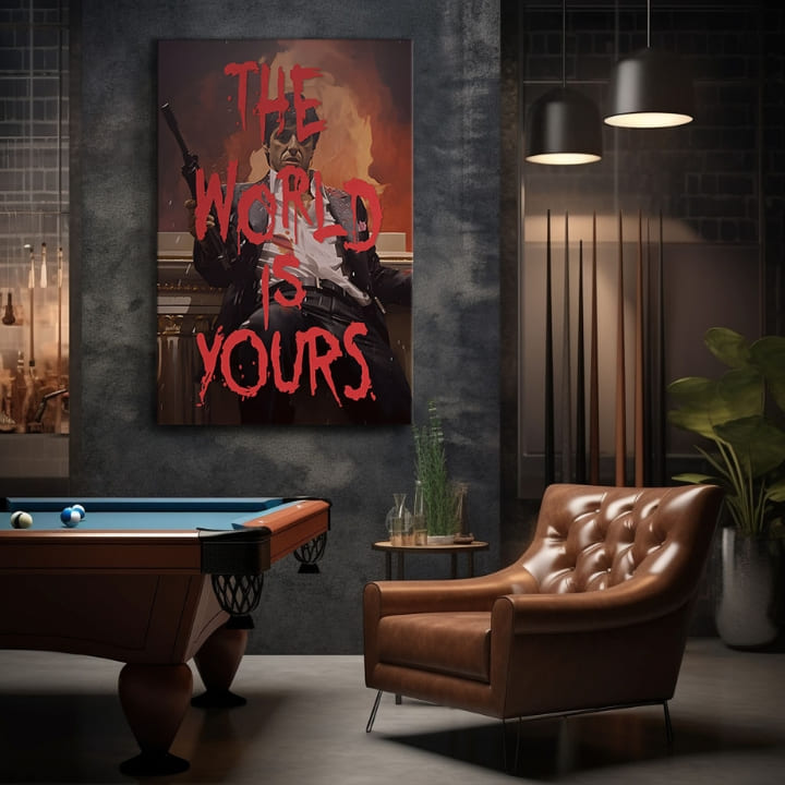 Pop art slika na platnu s motivom The world is yours u belo-narandžastih nijansama, intenzivna atmosfera, snaga i moć | Scarface slika na platnu The world is yours – proizvod