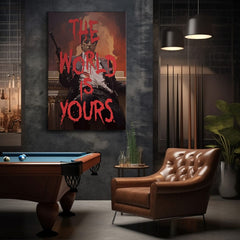 Pop art slika na platnu s motivom The world is yours u belo-narandžastih nijansama, intenzivna atmosfera, snaga i moć | Scarface slika na platnu The world is yours – proizvod