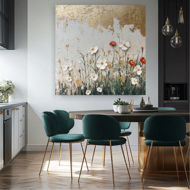 Ručno slikan slika na platnu s motivom zlatistý dotyk prirode, makovi, zlatni akcenti u belo-zlatnih nijansama, elegantna atmosfera | Slika zlatistý dotyk prirode – proizvod