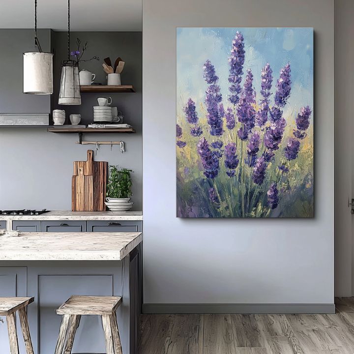 Ručno slikan slika na platnu s motivom šepot levandule, lavanda, cveće u plavo-zelenih nijansama, mirna atmosfera, priroda | Slika šepot levandule – proizvod