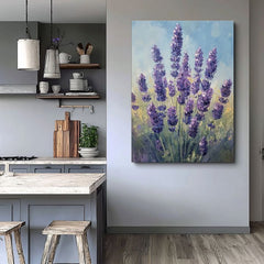 Ručno slikan slika na platnu s motivom šepot levandule, lavanda, cveće u plavo-zelenih nijansama, mirna atmosfera, priroda | Slika šepot levandule – proizvod