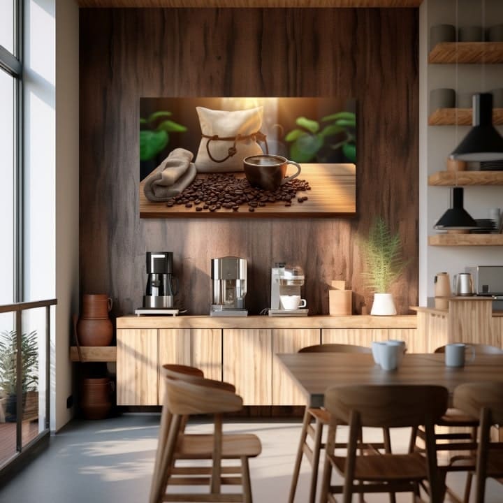 Rustikalan slika na platnu s motivom Čas na Ticho, šolja kafe, mapa u bež-smeđih nijansama, ugodna atmosfera, pogodan za kuhinje | Kafa slike za kuhinje Čas na Ticho – proizvod