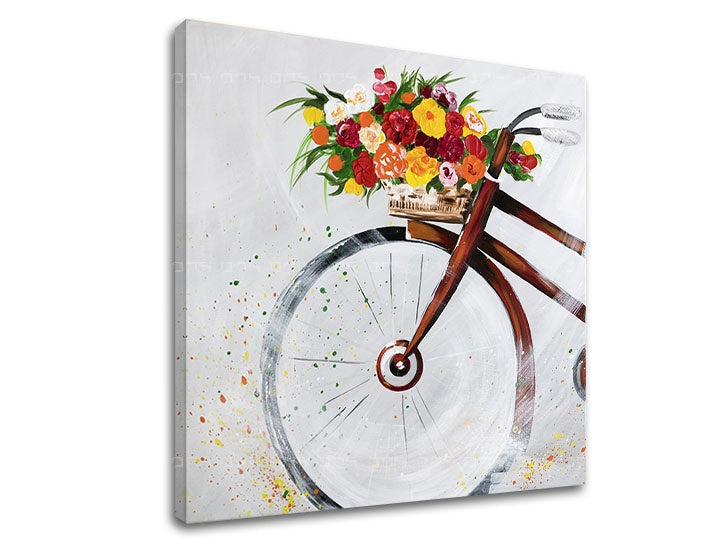 U boho stilu slika s motivom BICYKEL, cveće, dečji motiv u višebojnih nijansama | Slika na platnu BICYKEL, prolećna atmosfera i romantika – pregled