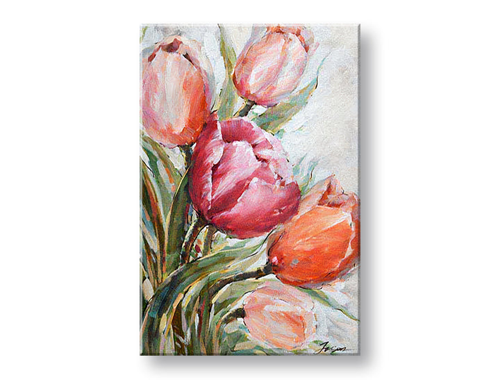 Pop art slika na platnu s motivom CVEĆE 1 delni, tulipani, cveće, lišće, priroda u bež-narandžastih nijansama, vesela atmosfera, pogodan za spavaće sobe – glavna