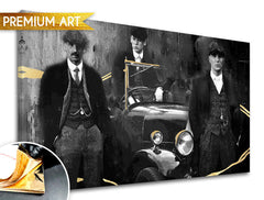 Ručno slikan slika na platnu s motivom PREMIUM ART – Peaky Blinders bratia, automobil u sivo-zlatnih nijansama, pogodan za dnevnog boravka | Slike na platnu - PREMIUM ART – Peaky Blinders bratia – glavna
