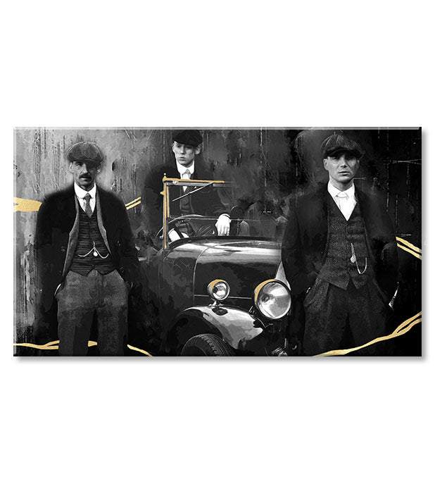 Ručno slikan slika na platnu s motivom PREMIUM ART – Peaky Blinders bratia, automobil u sivo-zlatnih nijansama, pogodan za dnevnog boravka | Slike na platnu - PREMIUM ART – Peaky Blinders bratia