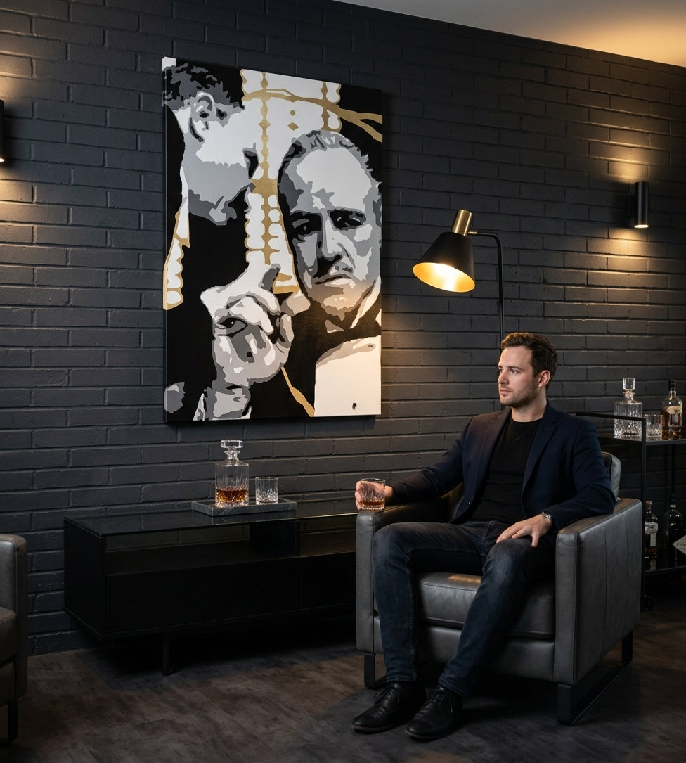 Ručno slikan slika na platnu s motivom PREMIUM ART – The Godfather, automobil u belo-zlatnih nijansama okačena u enterijeru dnevnog boravka, snaga i moć i porodica – enterijer, pogled 3