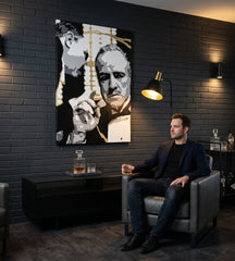 Ručno slikan slika na platnu s motivom PREMIUM ART – The Godfather, automobil u belo-zlatnih nijansama okačena u enterijeru dnevnog boravka, snaga i moć i porodica – enterijer, pogled 3
