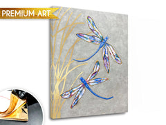 U boho stilu slika na platnu s motivom PREMIUM ART – Lietajúce vážky u sivo-zlatnih nijansama, mirna atmosfera, priroda i elegancija, pogodan za kancelarije – proizvod