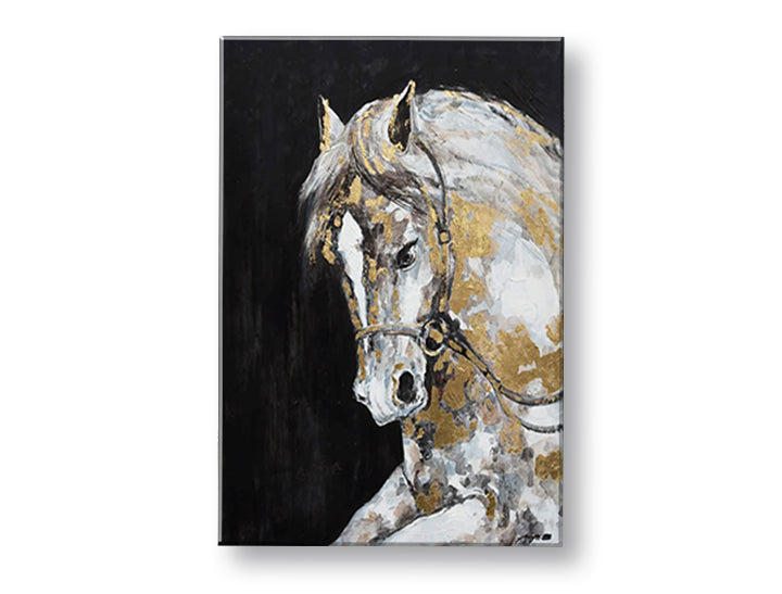 Art deko slika na platnu s motivom ŽREBEC, konj, životinja u belo-zlatnih nijansama, elegantna atmosfera, priroda i luksuzan utisak, pogodan za radne sobe – glavna