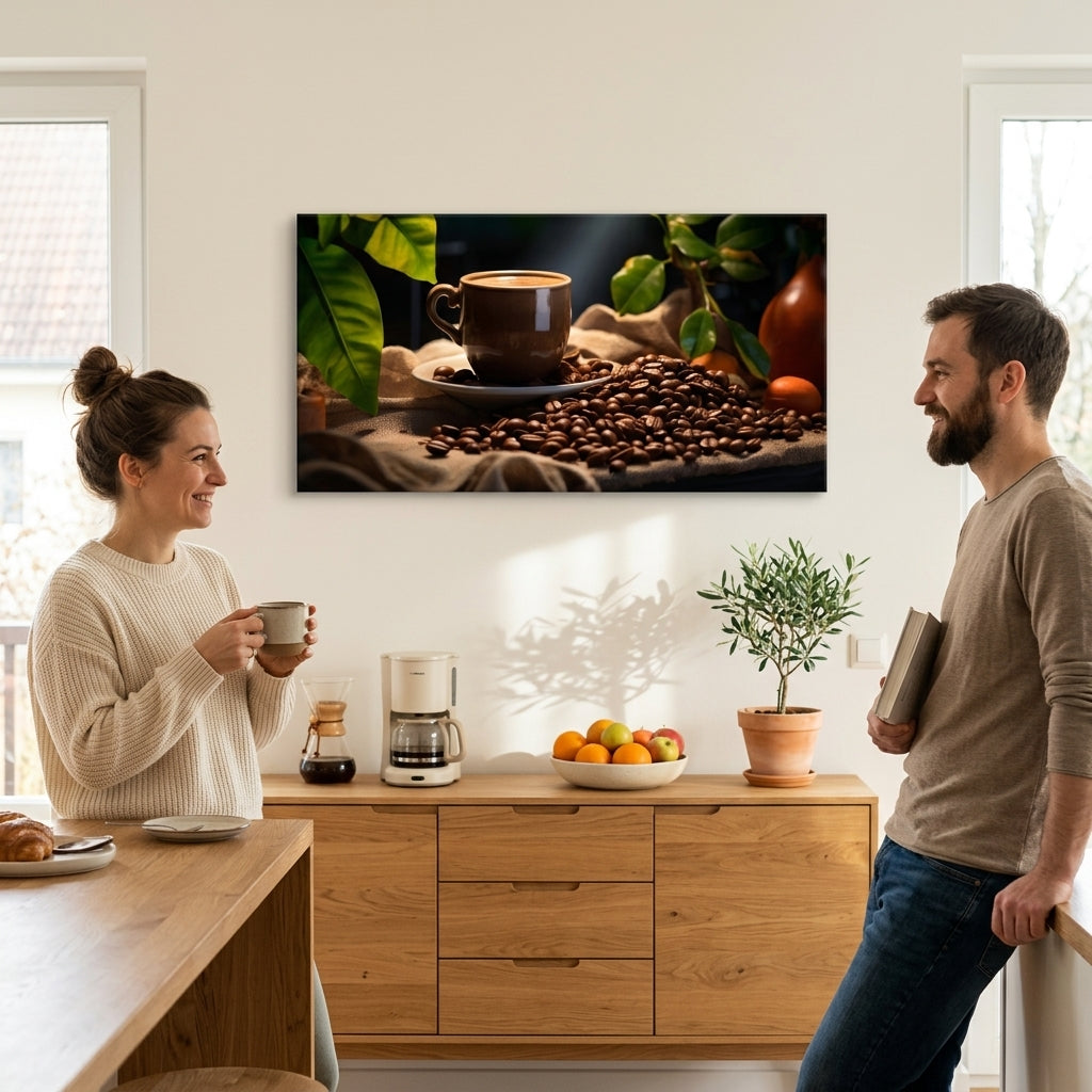 Moderan slika na platnu s motivom Majstrovské Dielo Baristu, šolja kafe, priroda u bež-smeđih nijansama okačena u enterijeru kuhinje | Kafa slike za kuhinje Majstrovské Dielo Baristu