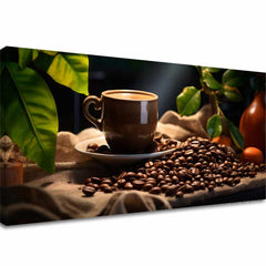 Moderan slika na platnu s motivom Majstrovské Dielo Baristu, šolja kafe, priroda u bež-smeđih nijansama, ugodna atmosfera, pogodan za kuhinje – glavna