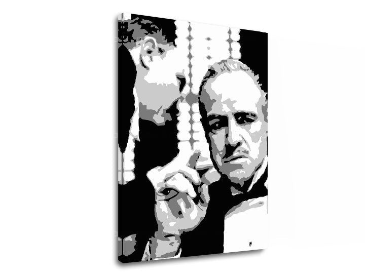 Moderan slika na platnu s motivom GODFATHER u crno-belih nijansama, dramatična atmosfera, porodica i snaga i moć | POP Art slika GODFATHER – proizvod