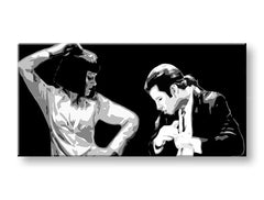 Pop art slika na platnu s motivom Pulp Fiction, muškarac u odelu, priroda u belo-crnih nijansama, dramatična atmosfera, pogodan za kancelarije – proizvod