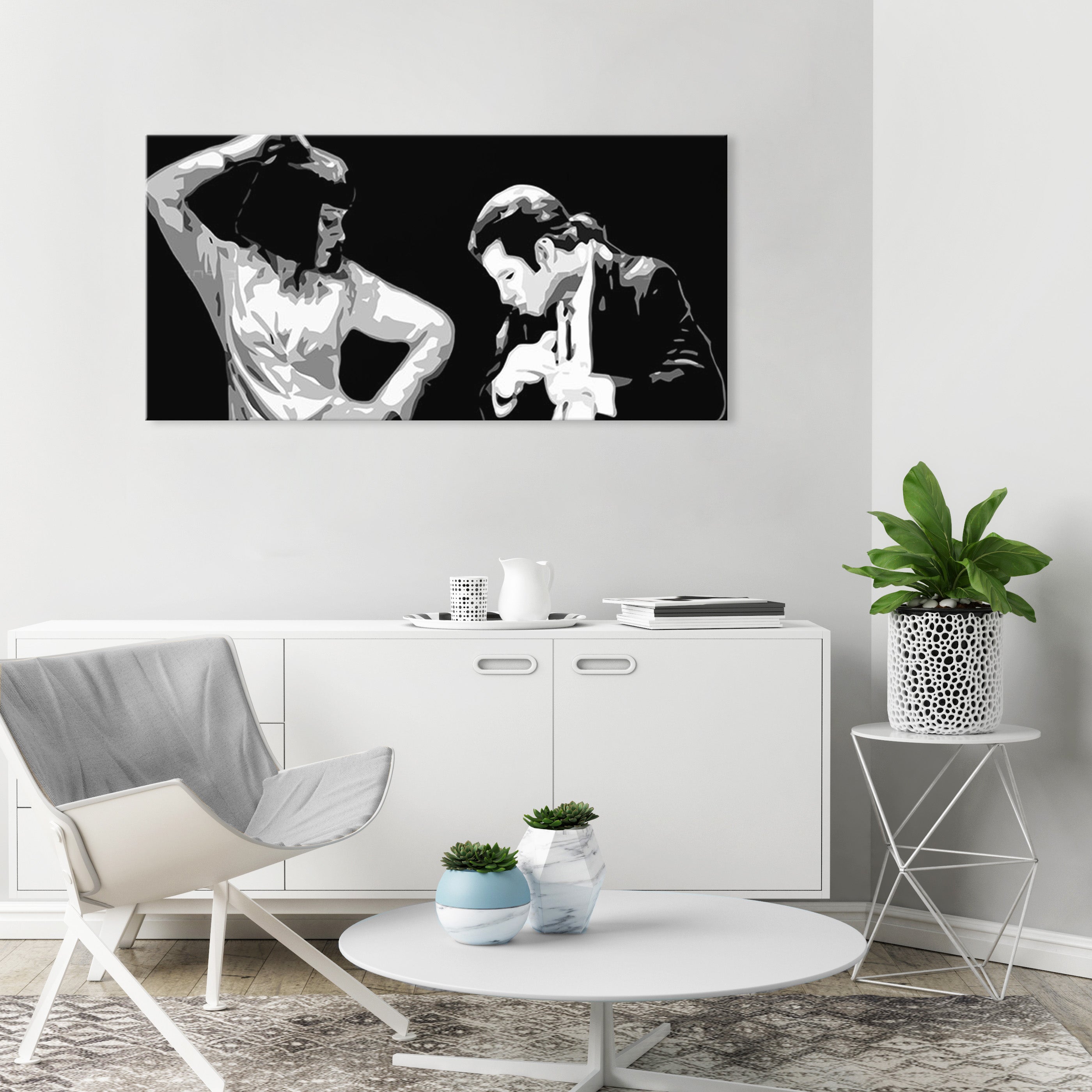 Pop art slika na platnu s motivom Pulp Fiction, muškarac u odelu, priroda u belo-crnih nijansama, dramatična atmosfera, pogodan za kancelarije – glavna