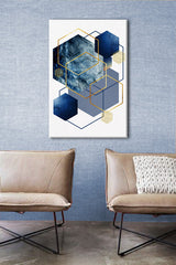 Geometrijski slika na platnu s motivom The Tight Reality u belo-plavih nijansama okačena u enterijeru kancelarije, sofisticirana atmosfera, elegancija – enterijer