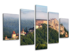 Klasičan slika na platnu s motivom SLOVAČKA, zamak, šuma, izmaglica, arhitektura u sivo-zelenih nijansama, mirna atmosfera, priroda, višedelna izvedba – glavna