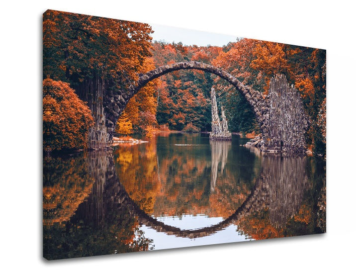Klasičan slika s motivom KRAJINA, jezero, arhitektura u narandžasto-crvenih nijansama | Slika za zid KRAJINA_057-11, priroda – pregled