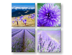 Kolaž slika na platnu s motivom Wonderful view, planine, pejzaž, cveće, priroda u belo-ljubičastih nijansama, mirna atmosfera, višedelna izvedba – glavna