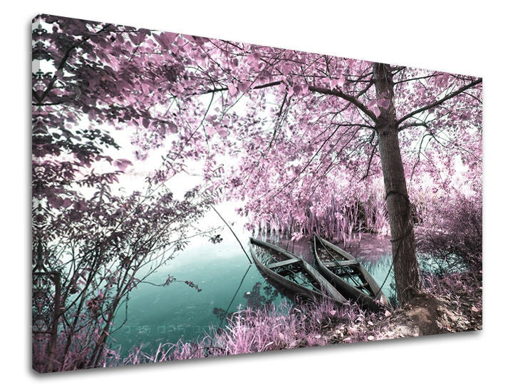 Klasičan slika na platnu s motivom reka, drveće, priroda, životinja u plavo-ružičastih nijansama, sanjiva atmosfera, samoća i priroda, pogodan za spavaće sobe – glavna
