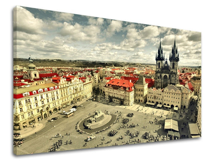 Pop art slika na platnu s motivom GRAD PRAHA u belo-plavih nijansama, pogodan za kancelarije | Slika za zid GRAD PRAHA – glavna
