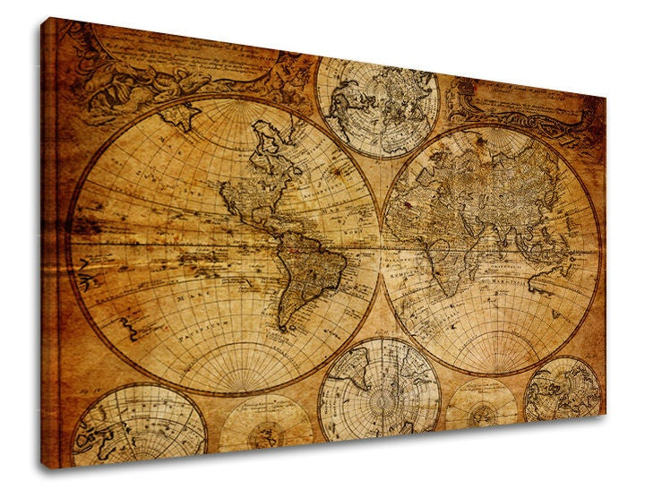 U boho stilu slika na platnu s motivom mapa sveta, putnički motiv, inspirativni motiv, mapa, more i plaža u bež-smeđih nijansama, pogodan za kancelarije – glavna