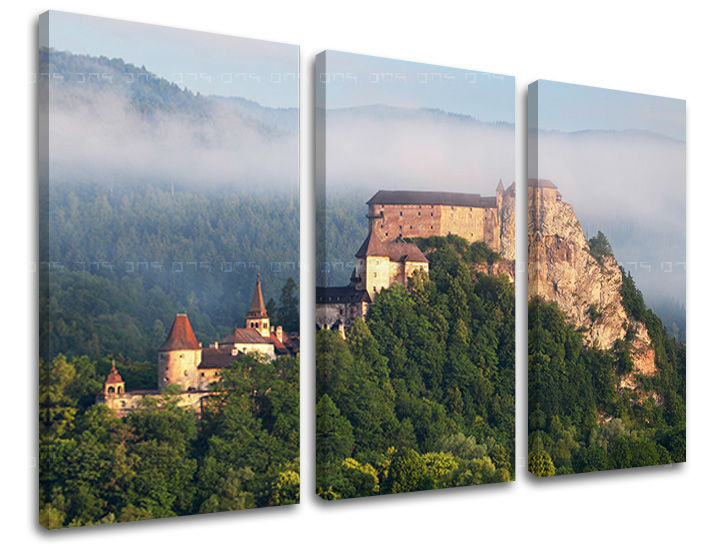 Klasičan slika na platnu s motivom SLOVAČKA, zamak, šuma, izmaglica, planine u smeđe-sivih nijansama, mirna atmosfera, priroda, trodelna izvedba – glavna