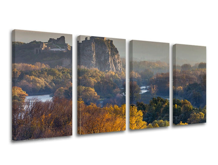 Klasičan slika na platnu s motivom SLOVAČKA, reka, šuma, arhitektura, dečji motiv u sivo-zelenih nijansama, mirna atmosfera, višedelna izvedba – glavna