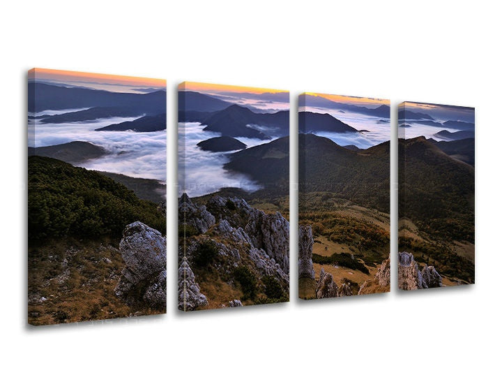 Klasičan slika na platnu s motivom SLOVAČKA, planine, magla, oblaci, pejzaž u ljubičasto-narandžastih nijansama, mirna atmosfera, priroda, višedelna izvedba – glavna