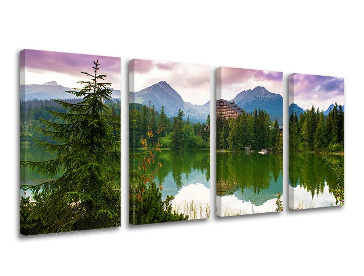 Klasičan slika na platnu s motivom SLOVAČKA, planine, jezero, nebo, pejzaž u ljubičasto-ružičastih nijansama, mirna atmosfera, priroda, višedelna izvedba – glavna