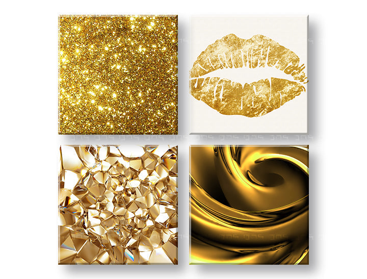 Kolaž slika na platnu s motivom Golden kiss u belo-zlatnih nijansama, lepota i proslava, višedelna izvedba, pogodan za dnevnog boravka | Slika za zid Golden kiss – glavna