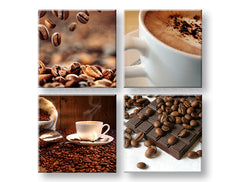 Kolaž slika na platnu s motivom Coffee time, šolja kafe, religiozni motiv u bež-smeđih nijansama, ugodna atmosfera, višedelna izvedba – glavna