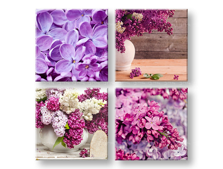 Kolaž slika na platnu s motivom Lilacs, cveće, priroda, životinja u belo-ljubičastih nijansama, mirna atmosfera, prolećna atmosfera i priroda, višedelna izvedba – glavna