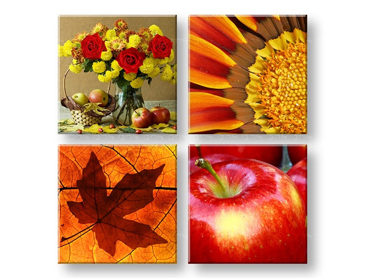 Kolaž slika s motivom The smell of Autumn, ruže, slnečnica u narandžasto-crvenih nijansama | Slika za zid The smell of Autumn, priroda – pregled