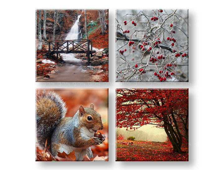 Kolaž slika na platnu s motivom Beauty of Autumn, vodopad, pejzaž, priroda u smeđe-narandžastih nijansama, mirna atmosfera, višedelna izvedba – glavna