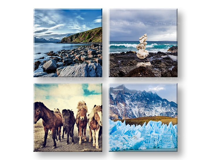 U boho stilu slika s motivom Walking through the Iceland, konji, planine u plavo-zelenih nijansama | Slika za zid Walking through the Iceland – pregled