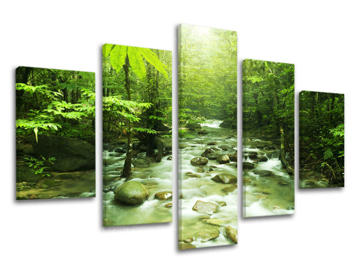 Klasičan slika na platnu s motivom šuma, reka, drveće, pejzaž, priroda u zelenih nijansama, mirna atmosfera, priroda i mir i ravnoteža – glavna