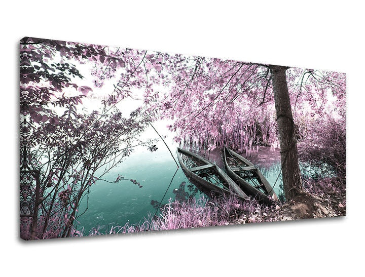Klasičan slika s motivom PANORAMA DRVEĆE, drveće, mapa u ružičasto-zelenih nijansama | Slika za zid PANORAMA DRVEĆE, priroda i samoća – pregled