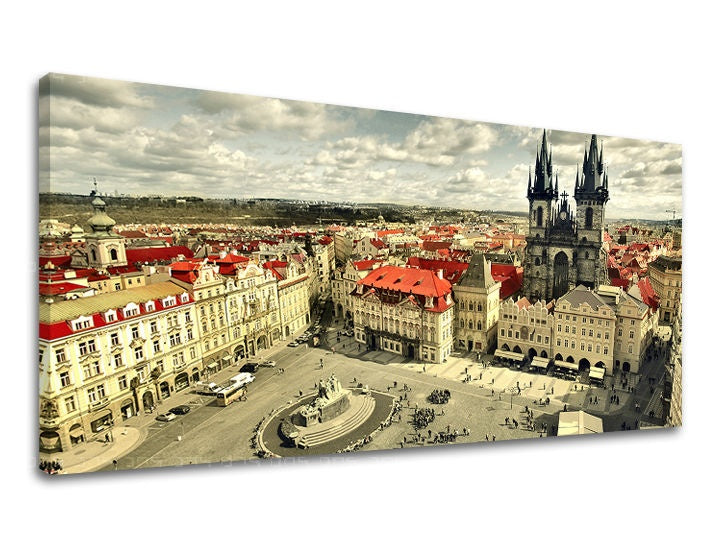 Klasičan slika na platnu s motivom Panoráma GRAD PRAHA, arhitektura, gradski motiv, religiozni motiv u bež-crvenih nijansama, pogodan za radne sobe – glavna