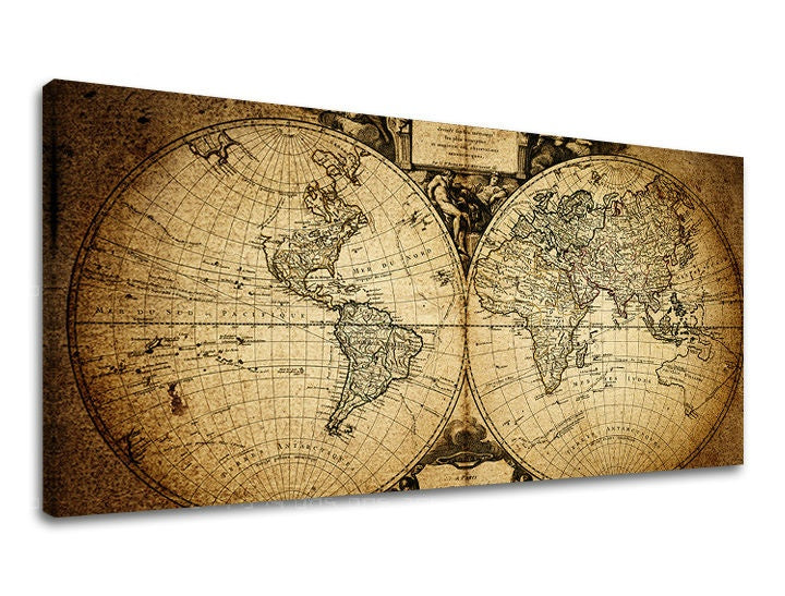 Vintage slika na platnu s motivom PANORAMA INSPIRACIJA, mapa sveta, putnički motiv, inspirativni motiv, mapa u bež-smeđih nijansama, pogodan za hodnika – glavna