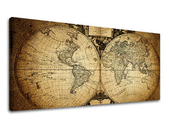 Vintage slika na platnu s motivom PANORAMA INSPIRACIJA, mapa sveta, putnički motiv, inspirativni motiv, mapa u bež-smeđih nijansama, pogodan za hodnika – glavna