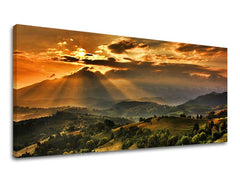 Klasičan slika s motivom PANORAMA KRAJINA, planine, nebo u narandžasto-zelenih nijansama | Slika za zid PANORAMA KRAJINA, priroda i samoća – pregled