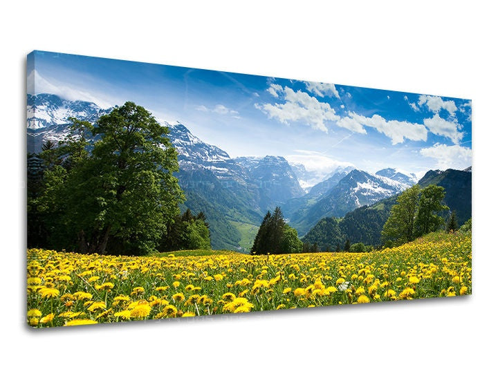 Klasičan slika na platnu s motivom PANORAMA KRAJINA, pejzaž, cveće, priroda u belo-plavih nijansama, mirna atmosfera, priroda i prolećna atmosfera – glavna