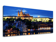 Klasičan slika na platnu s motivom PANORAMA PRAHA, noćno nebo, pejzaž, priroda u belo-plavih nijansama, veličanstvena atmosfera, pogodan za radne sobe – glavna